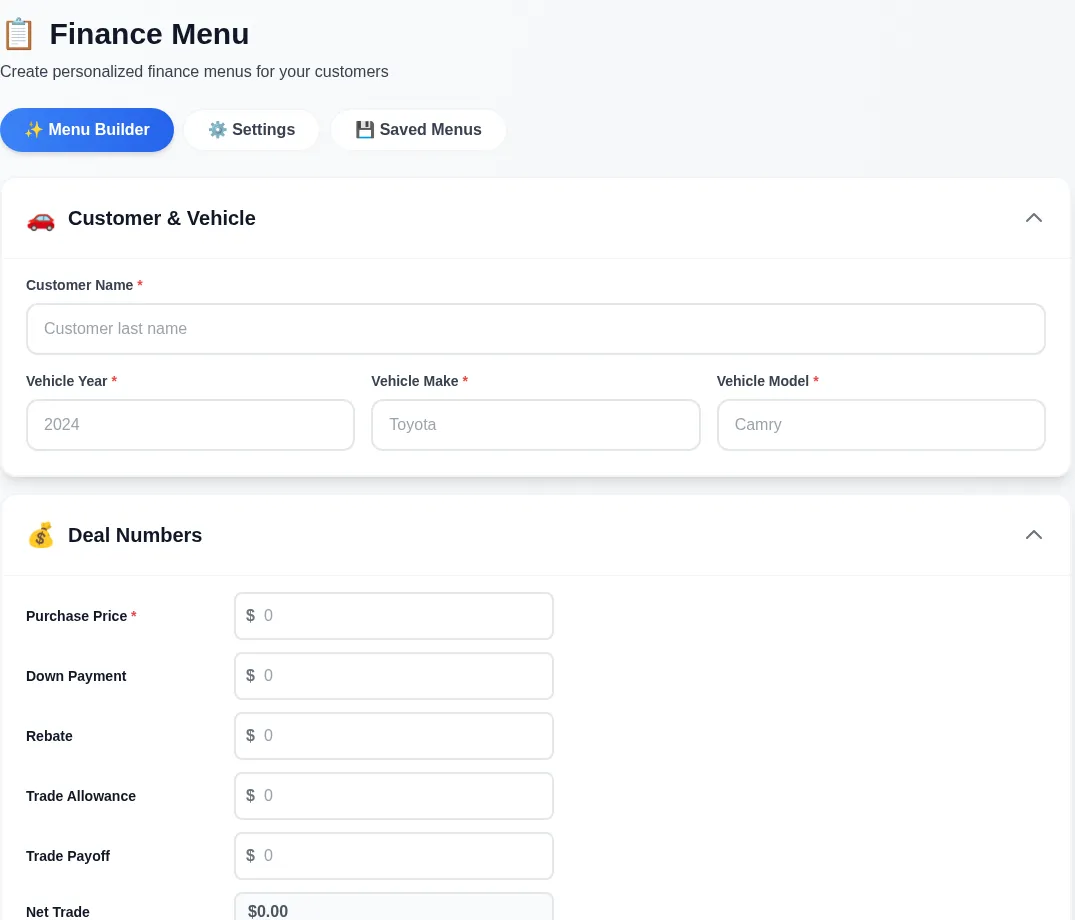 Finance menu builder with customer and vehicle fields and deal numbers (purchase price, down payment, rebate, trade).