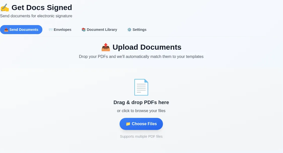 Get Docs Signed upload screen: drop PDFs to match them to templates and send for electronic signature.